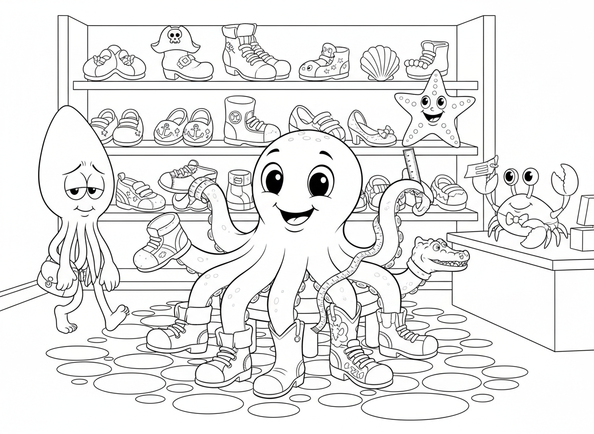 חנות נעליים לתמנונים - תמנון מודד שמונה נעליים שונות בבת אחת, כוכב ים מוכר מודד זרועות, מדפים של נעליים ימיות זעירות, סרטן קופאי, ודיונון ממתין בתור בחוסר סבלנות