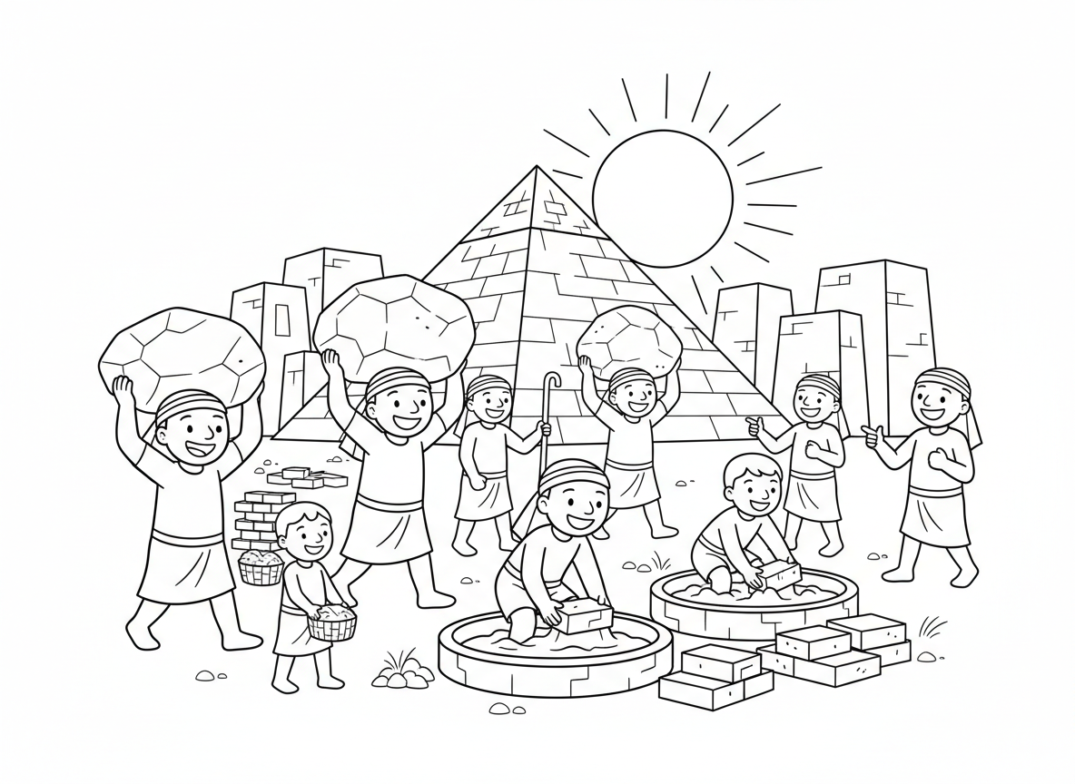 1. בני ישראל עובדים קשה במצרים
לפני הרבה מאוד שנים חיו בני ישראל בארץ מצרים. בהתחלה היה להם טוב, אבל אחר כך קם מלך חדש, פרעה, שלא אהב את בני ישראל. הוא פחד שהם יהיו רבים וחזקים. לכן הוא הכריח אותם לעבוד עבודה קשה מאוד.
בני ישראל היו צריכים לסחוב אבנים גדולות וכבדות, להכין לבנים מבוץ וקש, ולבנות ערים גדולות לפרעה. הם עבדו תחת השמש החמה כל היום. המצרים היו ממהרים בהם ואומרים להם לעבוד מהר יותר. הידיים שלהם כאבו, הגב שלהם היה עייף, והם היו מותשים מאוד.
לפעמים אפילו לא נתנו להם מספיק זמן לנוח. בני ישראל הרגישו עצובים מאוד, והם התפללו לה' שיעזור להם ויוציא אותם מהעבודה הקשה במצרים.