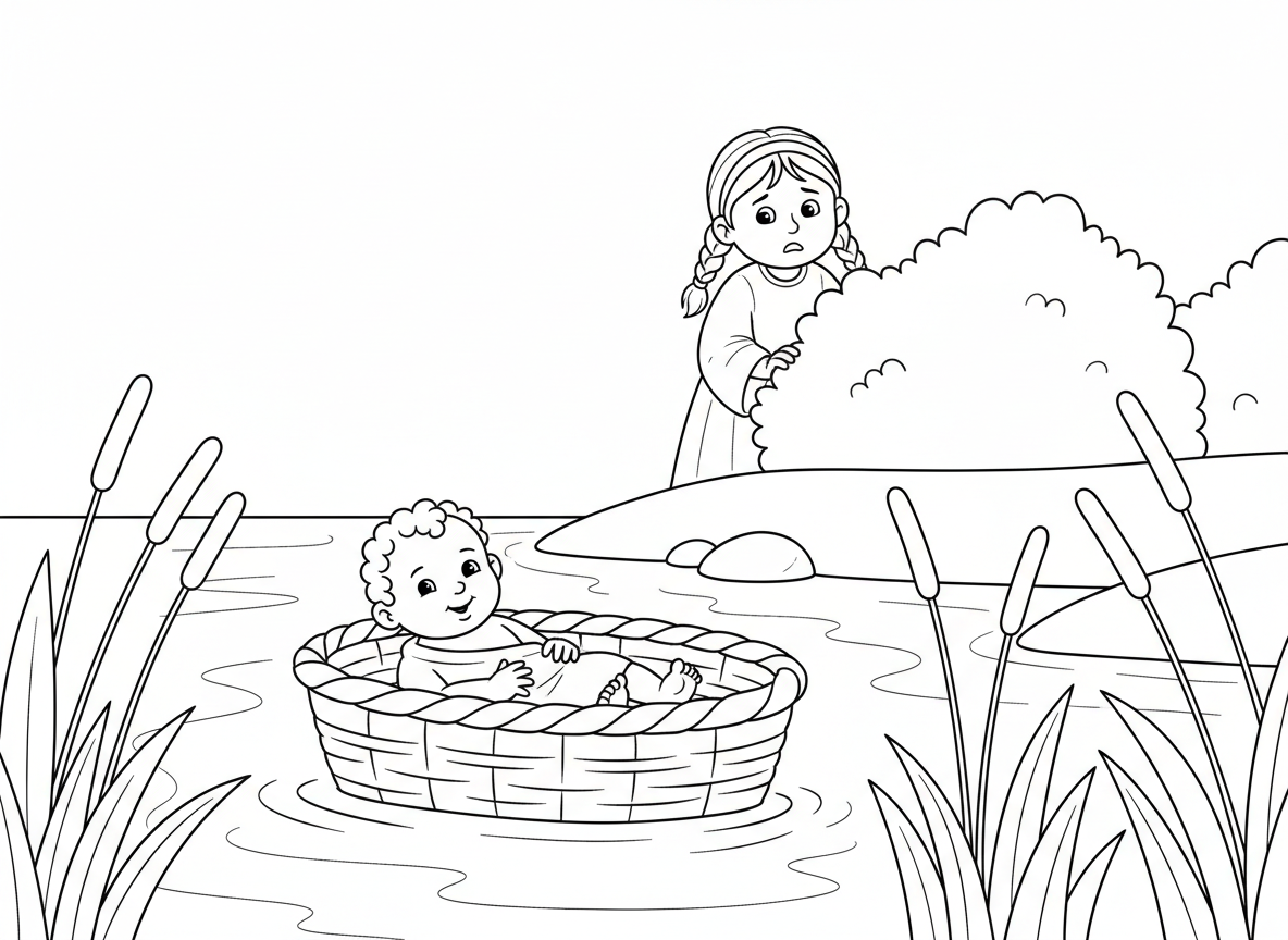 2. התינוק משה בתיבה
באותם ימים נולד תינוק קטן וחמוד בשם משה. אמא שלו פחדה שהמצרים יקחו אותו. היא שמה את משה בתיבה קטנה ושמה אותה בין הקנים שעל שפת הנהר. אחותו של משה עמדה מרחוק ושמרה עליו.