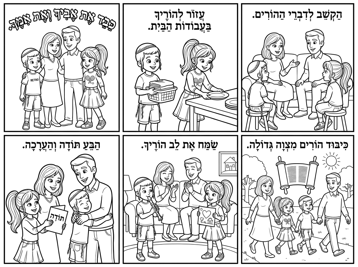 היי, תכין לי קומיקס של 6 תמונות בדף אחד בנושא כיבוד הורים
בכל תמונה תכתוב משפט עם ניקוד שקשור לאיור 
ובסיפור תופיע דמות של אמא, אבא, ילד חרדי בן 6 עם כיפה שטוחה וקטנה בצבע ג'ינס וציצית לבוש בחולצה בהירה שרוול קצר עם כיתוב RETRO בכתב קטן במרכז העליון של החולצה 
ומכנסי ג'ינס שטיפה בהירה קצרות עד אמצע הירך
ועם כרסוליות לבנות וסניקרס לבנות.
וגם ילדה חרדית לבושה בחולצה וורודה עם שרוול עד המרפק ואיור קטן של מטקות במרכז העליון של החולצה
וחצאית ג'ינס שטיפה בהירה כפלים רחבים באורך מעל הברך 
עם כרסוליות לבנות וסניקרס בהיר עם פרחים וורודים וצהובים
ויש לה שיער בהיר עם גוונים בלונדיניים מפוזרים בשיער וקוקו גבוה שמגיע עד למותניים.