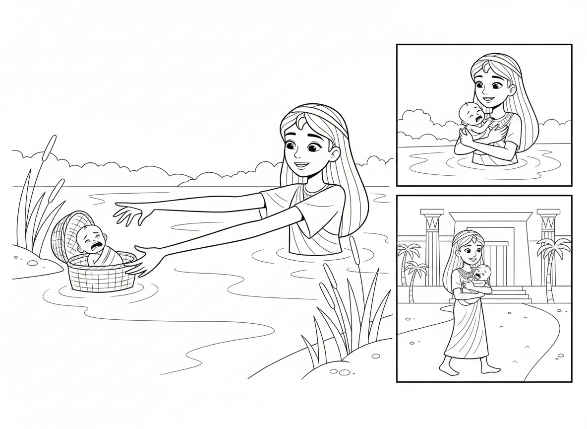 בת פרעה מוצאת את משה
בת פרעה באה להתרחץ בנהר וראתה את התיבה בין הקנים. התיבה היתה רחוקה ממנה מאוד אך קרא פלא והיא הושיטה את היד שלה והיד התארכה עד לתיבה. היא פתחה אותה וראתה תינוק קטן בוכה. היא ריחמה עליו וחיבקה אותו. היא החליטה לגדל את התינוק בארמון שלה וקראה לו משה.