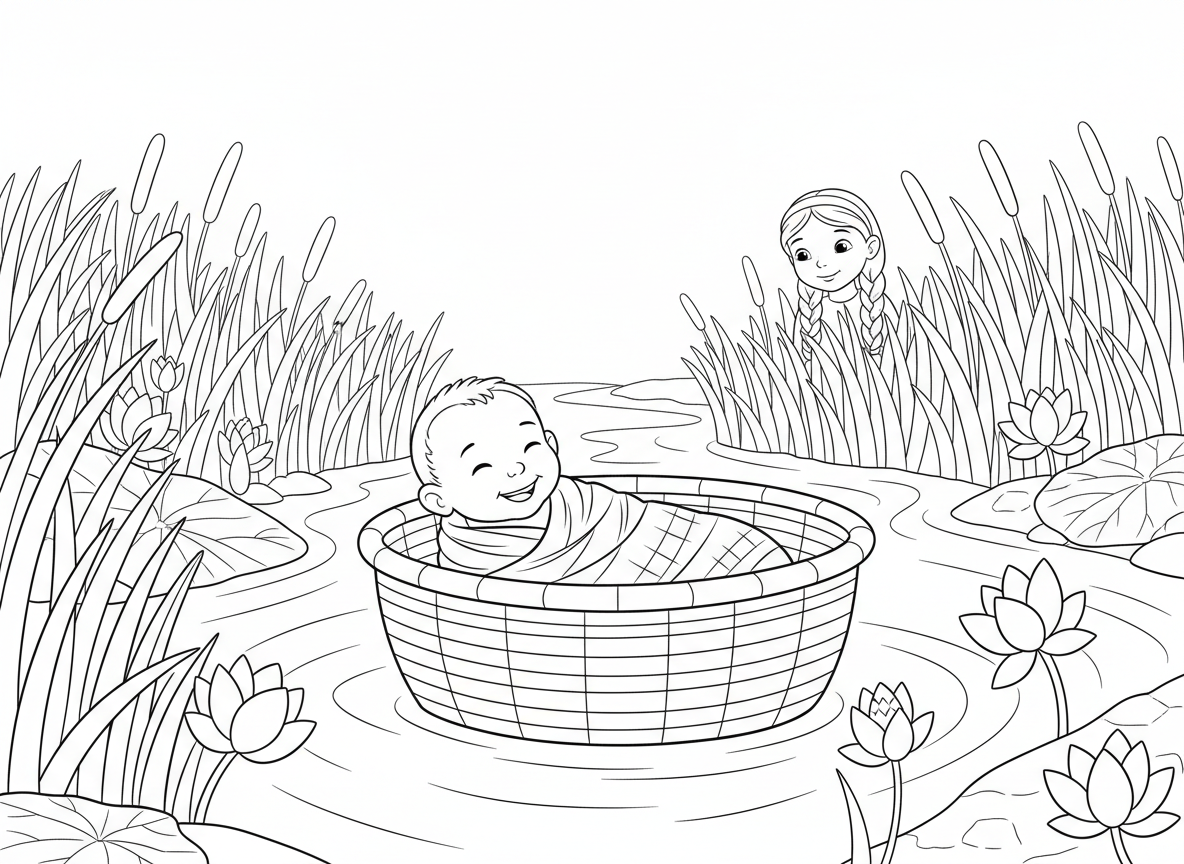 התינוק משה בתיבה באותם ימים נולד תינוק קטן וחמוד בשם משה. אמא שלו פחדה שהמצרים יקחו אותו. היא שמה את משה בתיבה קטנה ושמה אותה בין הקנים שעל שפת הנהר. אחותו של משה עמדה מרחוק ושמרה עליו.