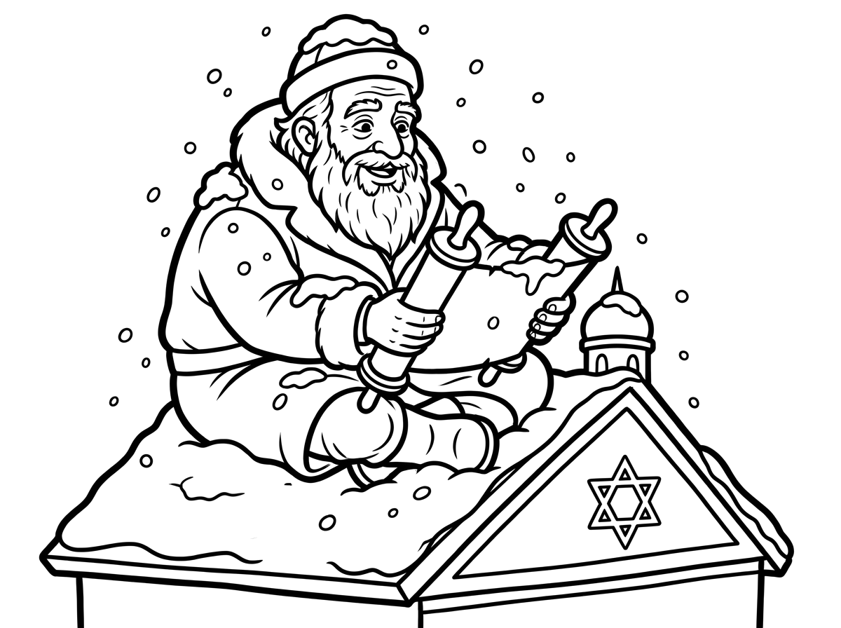 תוכל ליצור לי בבקשה ציור של הלל לומד תורה על גגה בית הכנסת ושלג נערם עליו?