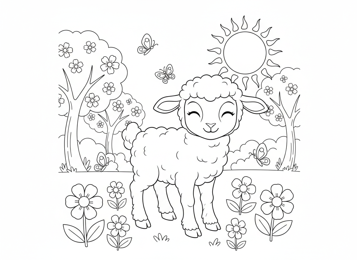 שה פסח חמוד - שה פסח חמוד ורך עומד באחו, פרחים סביב, הבעה שלווה, רקע אביבי עם עצים פורחים, פרפרים, שמש חמימה
