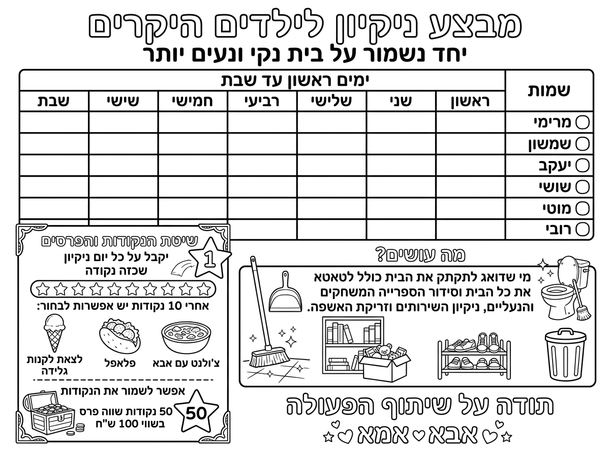 דף מבצע ילדים טבלה של 7 ימים בשבוע
שעליו כתוב

מבצע ניקיון לילדים היקרים
יחד נשמור על בית נקי ונעים יותר
ימים ראשון עד שבת
משתתפים במבצע

לערוך טבלה

מרימי, שמשון, יעקב, שושי, מוטי, רובי.
מי שדואג לתקתק את הבית כולל לטאטא את כל הבית וסיפור הספרייה המשחקים והנעלים, ניקיון השרותים וזריקת האשפה.
יקבל על כל יום ניקיון שכזה נקודה אחרי 10 נקודות יש אפשרות לבחור, לצאת לקנות  גלידה או פלאפל או צ'ולנט עם אבא, אפשר לשמור את הנקודות 50 נקודות שווה פרס בשווי 100 ש"ח
תודה על שיתוף הפעולה
אבא אמא