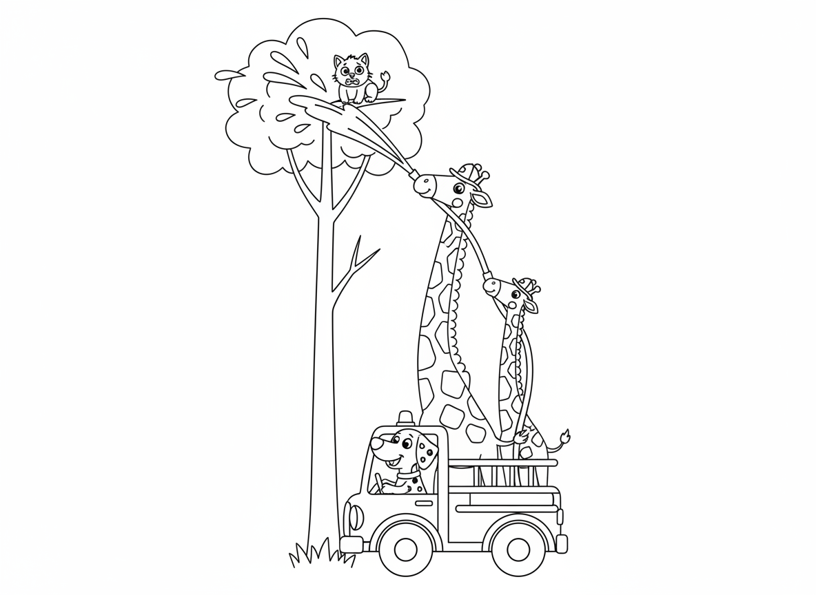 ג׳ירפות כבאיות - ג׳ירפות משתמשות בצוואר הארוך כצינור כיבוי שמרסס מים, חובשות קסדות כבאים זעירות, כלב דלמטי נוהג במכבית אש, חתול תקוע על עץ גבוה מאוד, וסולם מיותר לחלוטין