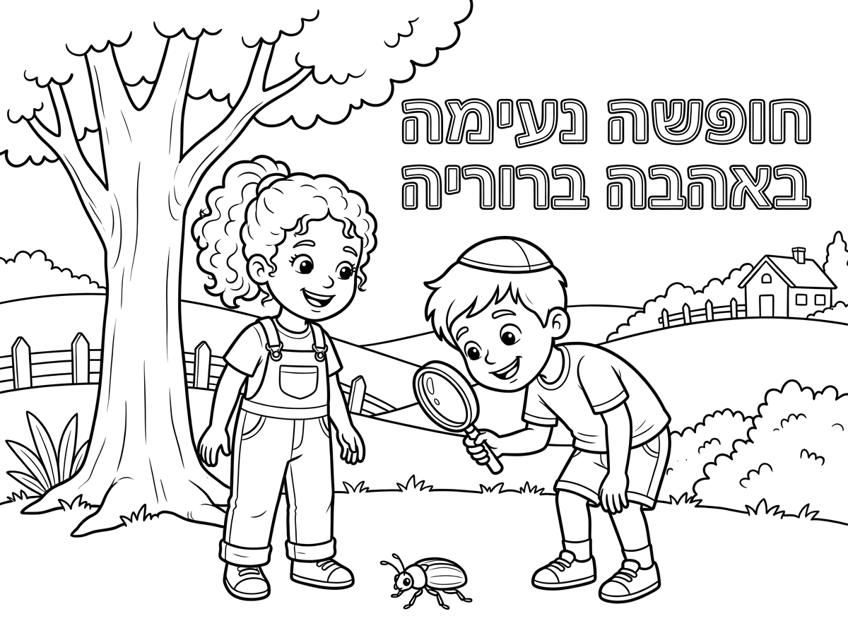 תוסיף ליד הבת בן עם כיפה מסתכל על חיפושית עם זכוכית מגדלת ותכתוב חופשה נעימה באהבה ברוריה.