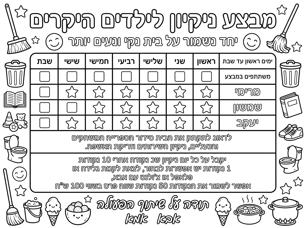 דף מבצע ילדים טבלה של 7 ימים בשבוע
שעליו כתוב

מבצע ניקיון לילדים היקרים
יחד נשמור על בית נקי ונעים יותר
ימים ראשון עד שבת
משתתפים במבצע

לערוך טבלה

מרימי, שמשון, יעקב
לדאוג לתקתק את הבית סידור הספרייה המשחקים והנעלים, ניקיון השרותים וזריקת האשפה.
יקבל על כל יום ניקיון שכזה נקודה אחרי 10 נקודות יש אפשרות לבחור, לצאת לקנות  גלידה או פלאפל או צ'ולנט עם אבא, אפשר לשמור את הנקודות 50 נקודות שווה פרס בשווי 100 ש"ח
תודה על שיתוף הפעולה
אבא אמא