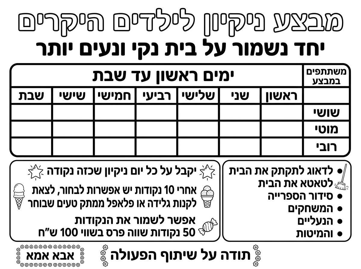 דף מבצע ילדים טבלה של 7 ימים בשבוע
שעליו כתוב

מבצע ניקיון לילדים היקרים
יחד נשמור על בית נקי ונעים יותר
ימים ראשון עד שבת
משתתפים במבצע

לערוך טבלה

שושי, מוטי, רובי
לדאוג לתקתק את הבית לטאטא את הבית סידור הספרייה המשחקים הנעלים והמיטות, .
יקבל על כל יום ניקיון שכזה נקודה אחרי 10 נקודות יש אפשרות לבחור, לצאת לקנות  גלידה או פלאפל או ממתק טעים שבוחר, אפשר לשמור את הנקודות 50 נקודות שווה פרס בשווי 100 ש"ח
תודה על שיתוף הפעולה
אבא אמא