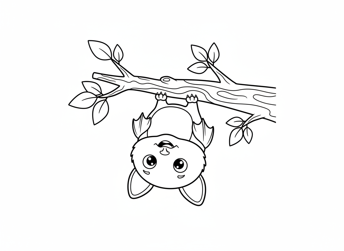 דף צביעה עטלף חמוד תלוי על ענף