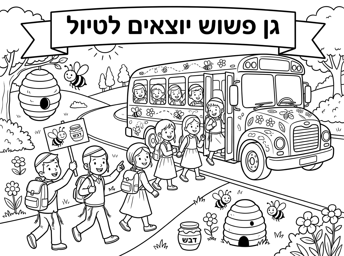 צור לי דף צביעה ילדים דתיים שמחים שיוצאים לטיול "מאחורי הדבש" וכתוב-
גן פשוש יוצאים לטיול