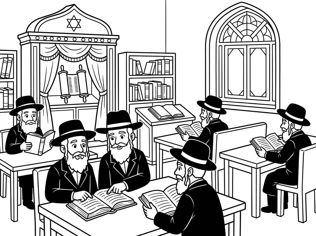 תעשה לי בבקשה ציור של בית כנסת מבפנים עם אנשים שיושבים ולומדים אנשים חרדים