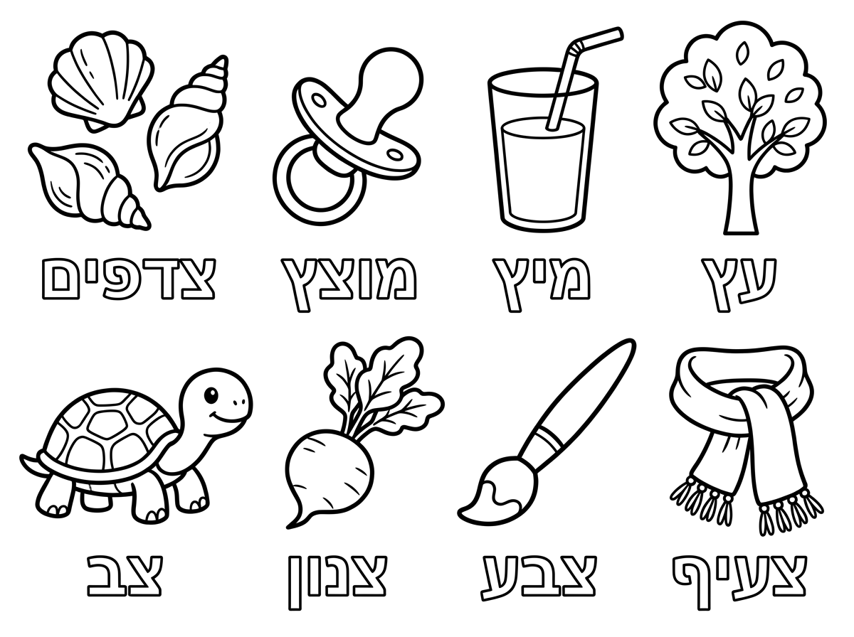 צהריים טובים,
צור בבקשה דף צביעה עם המילים הבאות:
צדפים, מוצץ, מיץ, עץ, צב, צנון, צבע, צעיף.
תחת כל ציור כתוב את המילה המתאימה לציור.