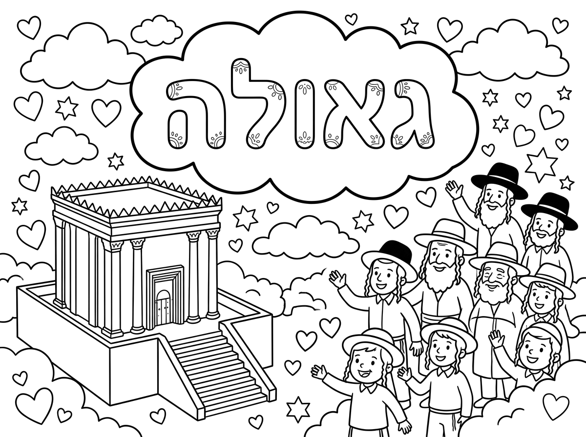 צריך רב צביעה שהוא אה, כתוב גאולה בגדול כזה, מכתב כזה מיוחד, עגול כזה יפה. באותיות חלולות. אה, שהמילה גאולה כתובה בתוך ענן כזה גדול. מסביב, ו לזה יש אה אה בקטן את בית המקדש. בלי סימנים של אה מנורה או אה מגן דוד. ויש אה סימנים של כזה אממ כל מיני אה כל מיני אה לבבות וקצנים כאלה מסביב ו אנשים כאלה שמחים כאלה, ויש אמר על העננים, קטנים יותר. ושזה יהיה כאילו אנשים חרדים, כאלה מרי חרדי. אממ וגם שיהיה זהו.