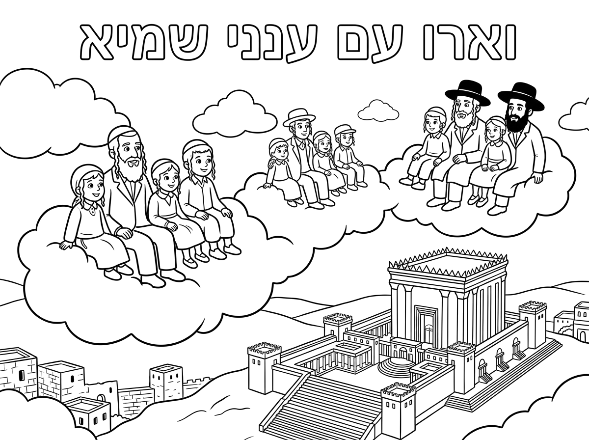 אשמח לדף צביעה שכתוב כותרת "וארו עם ענני שמיא" שבדף יש ציור של אנשים וילדים חרדים יושבים על כמה  עננים ולמטה בקטן ציור של בית המקדש(ללא סממנים של יהדות) כאילו האנשים נוסעים על העננים לבית המקדש