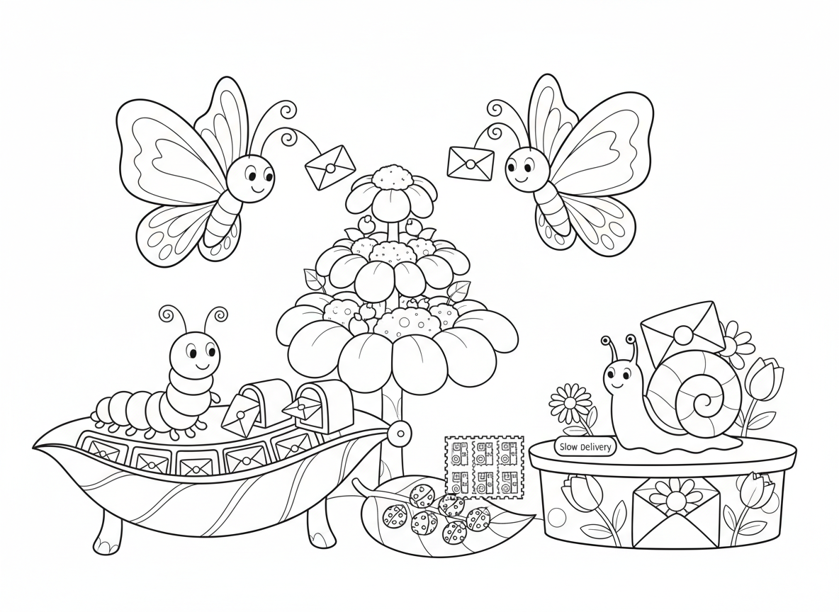 דואר של פרפרים - פרפרים מחלקים מכתבים זעירים במחושים שלהם, זחל ממיין דואר לתיבות עלים, בולים בצורת חיפושיות, חילזון ממתין למשלוח איטי, ומעטפות בצורת פרחים