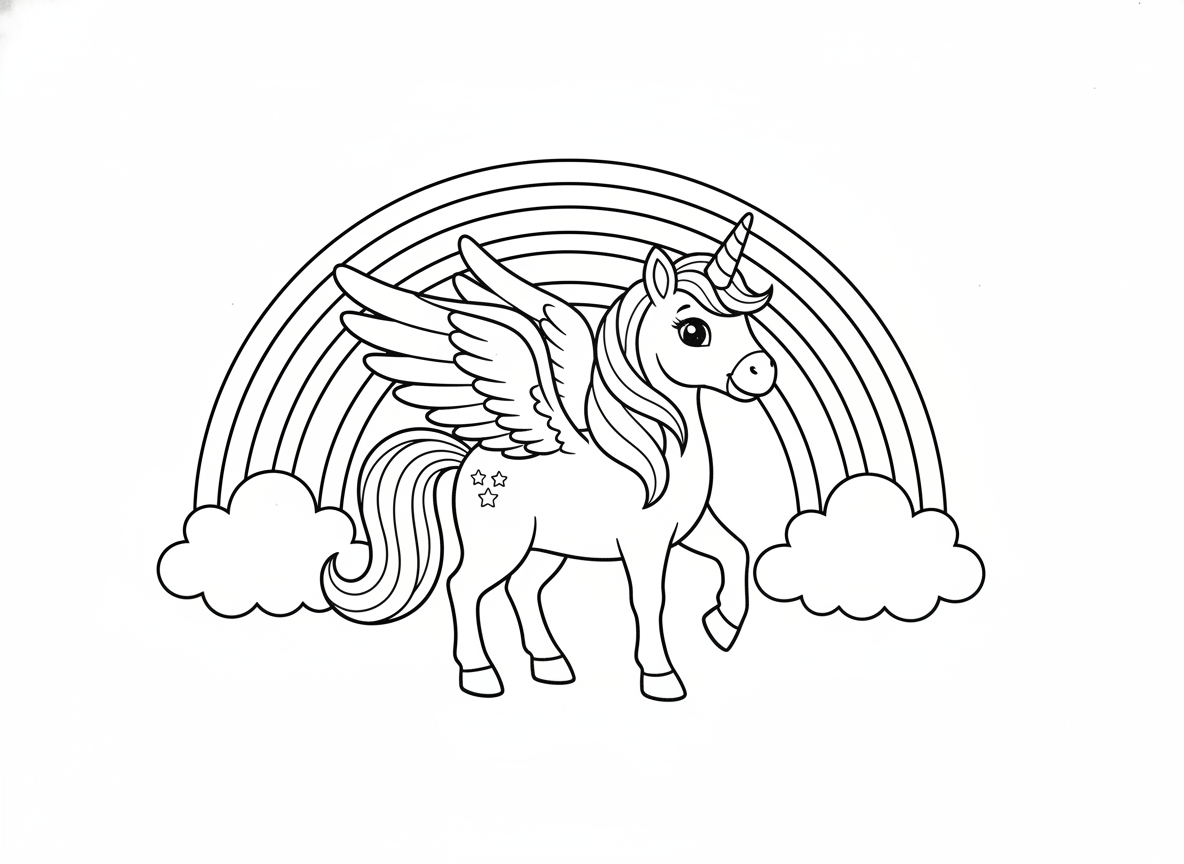 חד קרן עם כנפיים פרוסות ומאחוריו קשת בענן