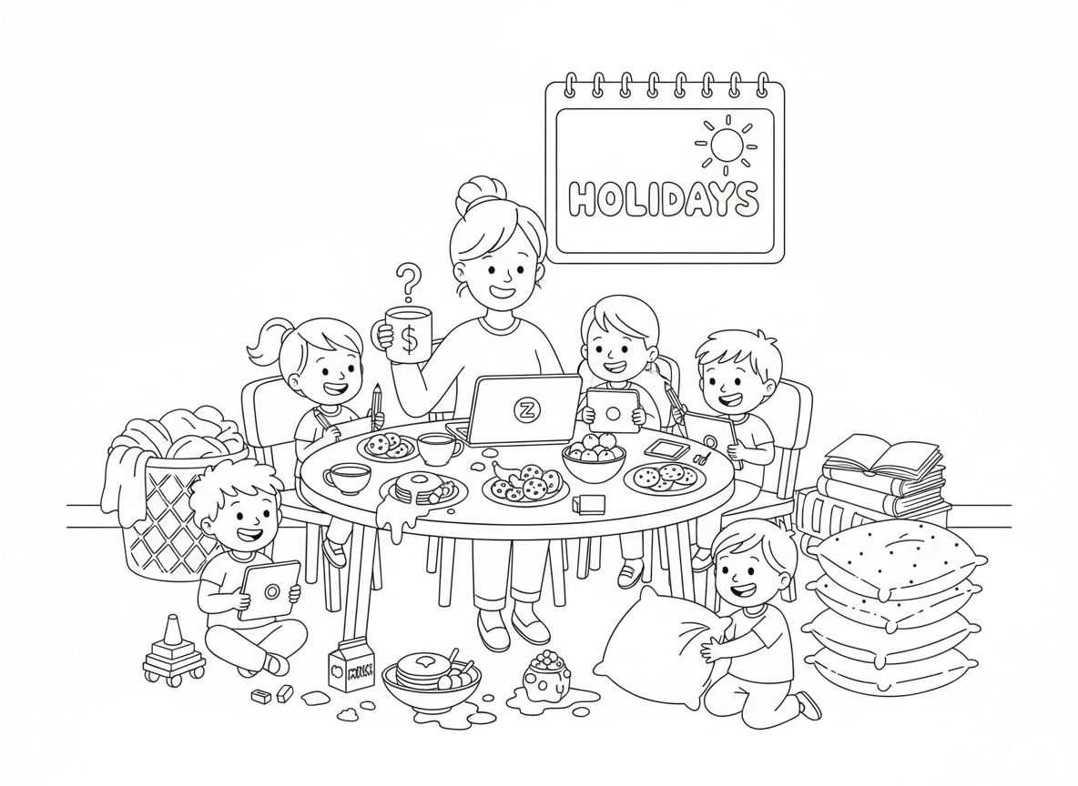 תכין ציור לצביעה שמתאר   אמא עם 5 ילדים בבית בזמן חופש, בלאגן, אוכל,ובעיקר  זום לימודים וקפה כבר קר