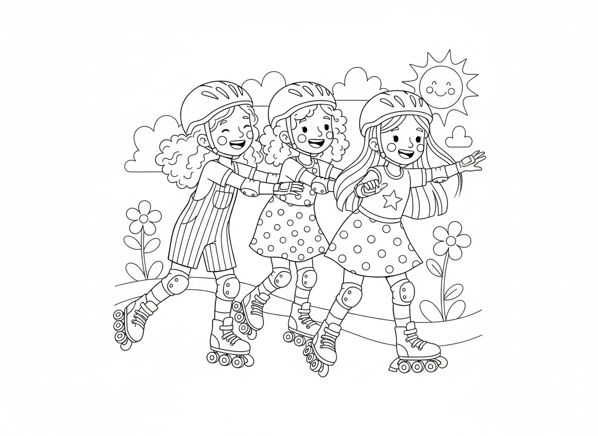 אני רוצה ציור של 3 בנות שובבות 2 עם שיער  תלתלים אחת עם שיער חלק על רולר בלייס