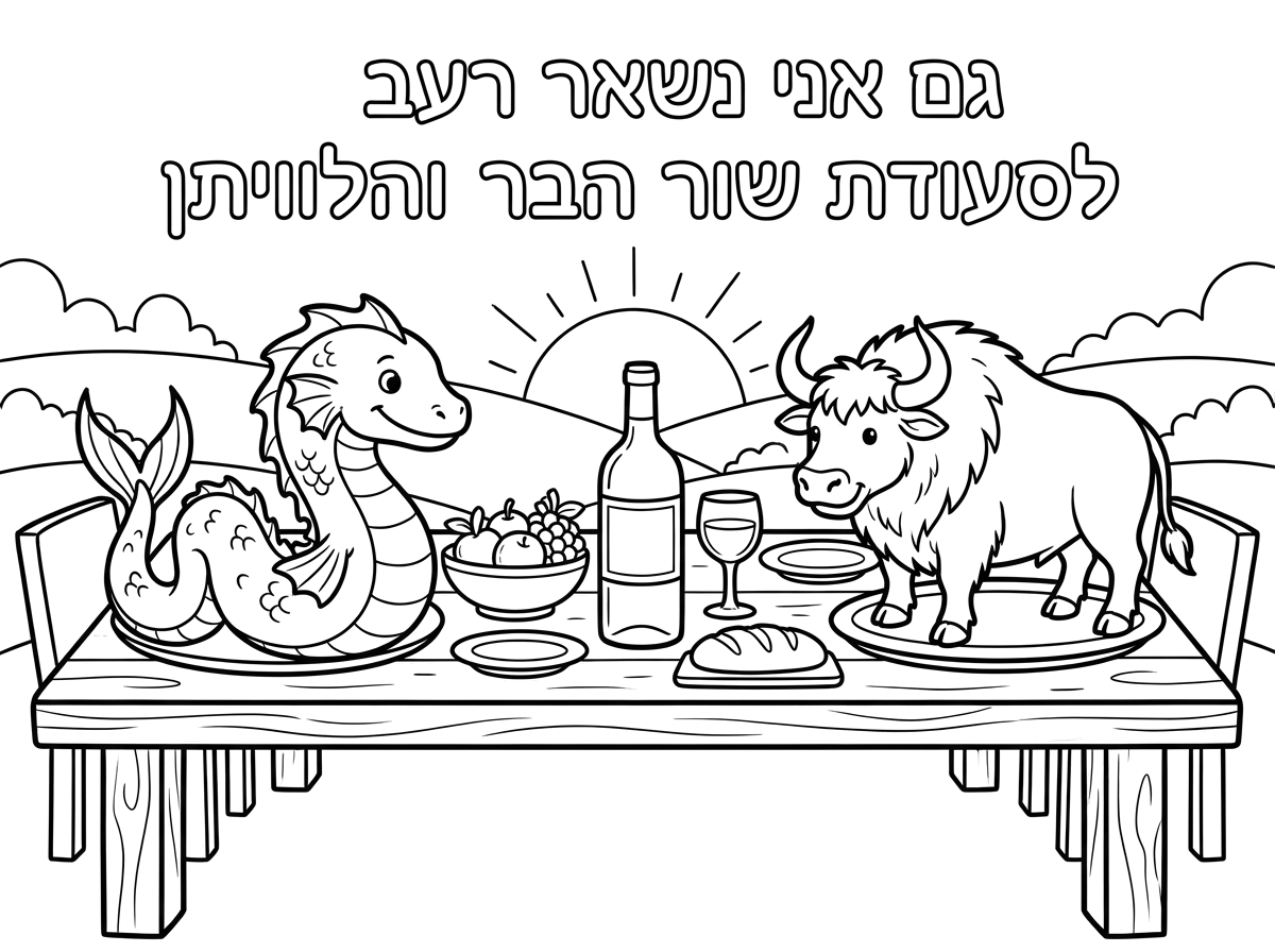 תוכל ליצור לי בבקשה דף שכתוב עליו בכתב יפה למעלה "גם אני נשאר רעב לסעודת שור הבר והלוויתן"
שהציור מקסים ומדמה גאולה כשבמרכז יש תמונה של שולחן גדול עם לוויתן, שור הבר ובקבוק יין. השולחן ערוך ומוכן לסעודה