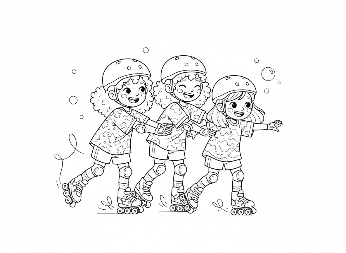 אני רוצה ציור של 3 בנות שובבות 2 עם שיער  תלתלים אחת עם שיער חלק על רולרבלייס