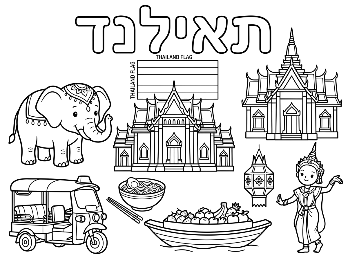 מעולה. עכשיו דף צביעה על תאילנד שיהיה כתוב בגדול בעברית תאילנד למטה דגל דגל תאילנד, דברים שקשורים לתאילנד, מאכלים, כל מה שמבטא את תאילנד.