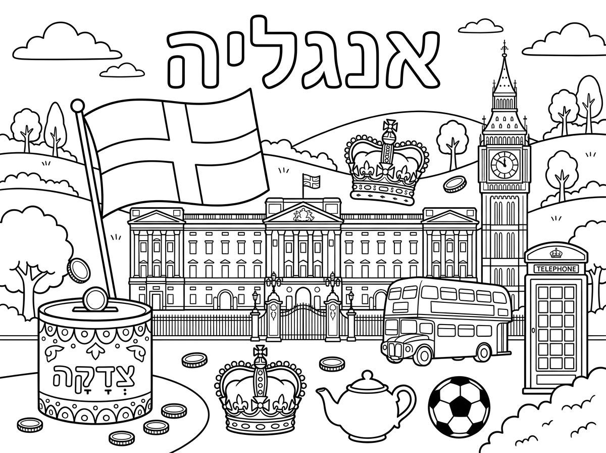 עכשיו כזה דבר על אנגליה שיהיה כתוב אנגליה, שיהיה דגל אנגליה את ארמון של אנגליה, דברים שמבטאים את אנגליה. ושגם יראו אלמנטים שקשורים למצוות צדקה, מטבעות וקופת צדקה ושיהיה התמונה מלאה בהרבה אלמנטים, אפילו אם ברקע נוף או משהו כזה.