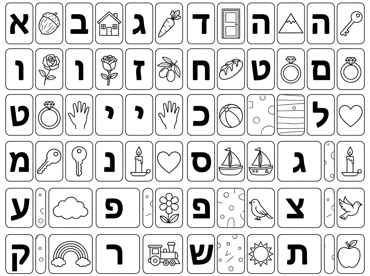 תיצור לי דף של משחק זיכרון של כל אותיות הא'-ב' כך שכרטיס אחד יהיה עם האות והזוג שלו יהעה תמונה שמתחילה עם האות הזו, שיהיה צבעוני ויפה, בלי חיות טמאות