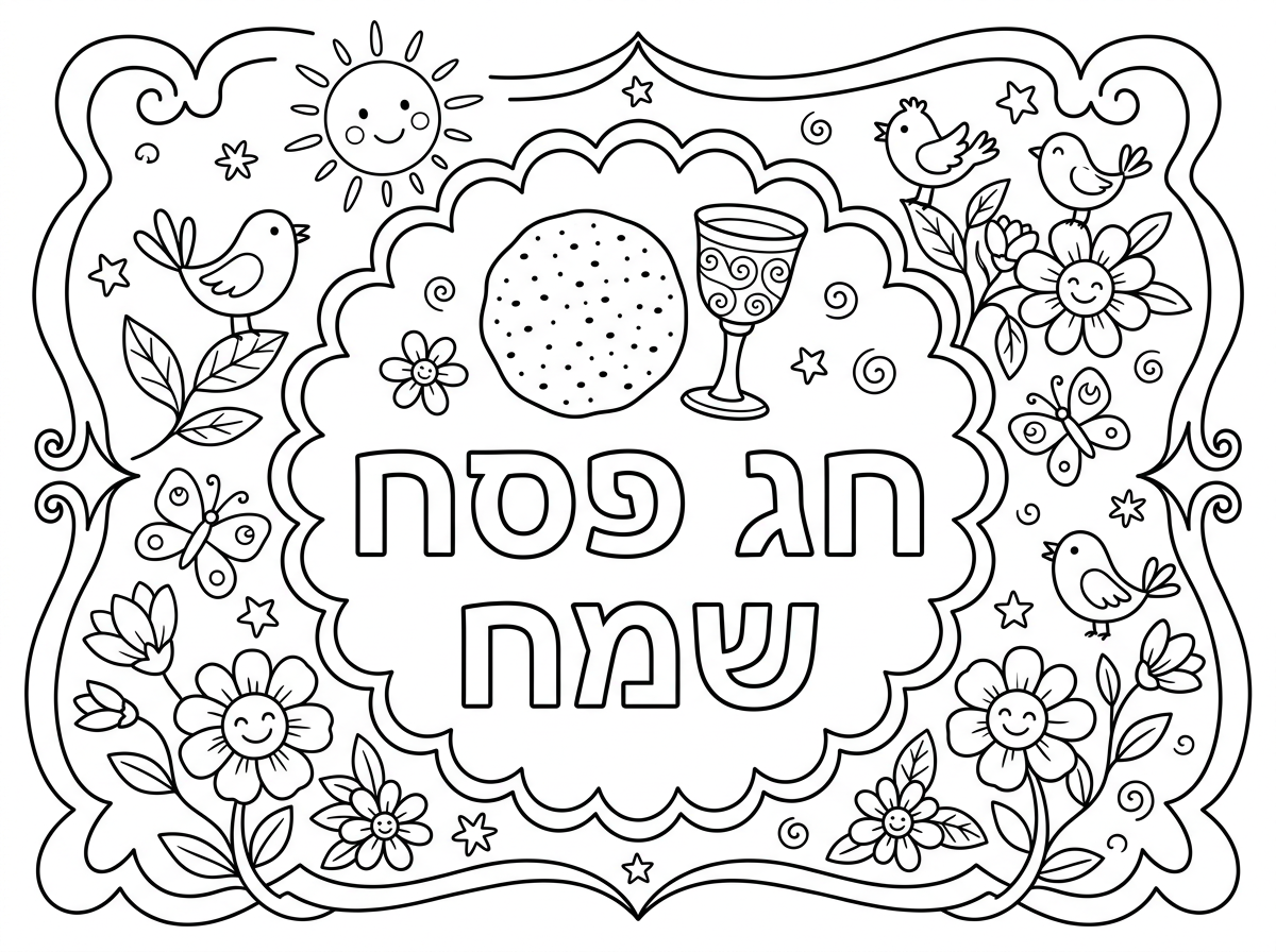 עיצוב כרטיס ברכה לפסח - עיצוב כרטיס ברכה יפה לפסח עם חג פסח שמח בעברית, מעוטר במצה, כוס יין, פרחים, אלמנטים אביביים, פרפרים, מסגרת מעוטרת, צבעים חגיגיים