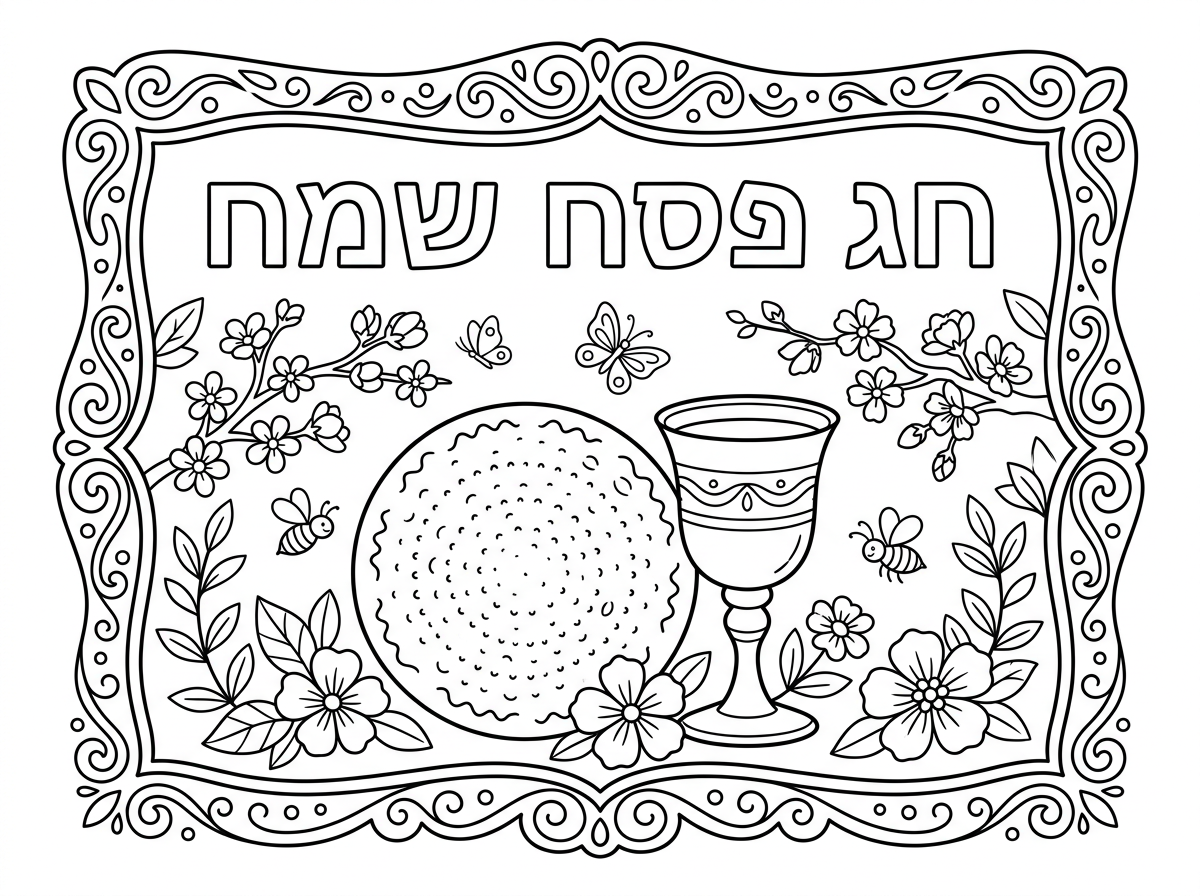 עיצוב כרטיס ברכה לפסח - עיצוב כרטיס ברכה יפה לפסח עם חג פסח שמח בעברית, מעוטר במצה, כוס יין, פרחים, אלמנטים אביביים, פרפרים, מסגרת מעוטרת, צבעים חגיגיים