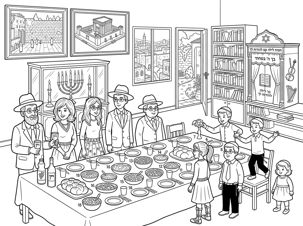 משפחת כהן
בקידוש של שבת
עומדים סביב השולחן הערוך בכל מיני סלטים, 18 סוגי סלטים, צלחות וכוסות מעוצבות, כוס קידוש ליד אבא, ובקבוק מיץ ענבים ובקבוק יין, באמצע השולחן שני חלות באגט יפות 
אבא עם כובע וחליפה וזקן בינוני ועניבה ומשקפים 
אמא עם פאה לבושה בשמלה חגיגית
בחורה כבת 17 בלבוש חגיגי עם חצאית ומשקפים 
בחור כבן 14 מגולח עם כובע וחליפה וחליפה ומשקפים 
בחור כבן 13  קצת שמנמן עם כובע וחליפה ומשקפים
ילדה כבת 12 עם סדים ברגליים עם קוקו וחצאית בלבוש חגיגי ומשקפים וקצת שמנמנה
ילד כבן 10 וקצת שמנמנן במכנס שחור וחולצה לבנה ועניבה ומשקפים 
ילד כבן 8 לובש מכנס שחור וחולצה לבנה ועניבה
ילד בגיל 7 רזה רוקד על הכסא עם כיפה תספורת יפה וכיפה לראשו
ילדה כבת 4.5 לבושה חגיגי עם שמלה ושמנמנה
השולחן במרכז בית משפחת כהן בצד הסלון הגדול יש את המטבח המאובזר בצד שני יש ספריה גדולה
ולצידה על מדף ארון קודש קטן עליו כתוב חצות לילה קם להודות לך ופרוכת שכתוב עליה בך ה' בטחתי ובצידה של הארון וציור של כינור ונבל
נראה דלת יציאה לחצר קטנה מטופחת וחמודה
בחלון הבית נראה נוף ירושלמי יפה
בצד נוסף ויטרינה יפה של נרות שבת עם 7 נרות 2 נרות עם פמוטות וקנדבלה מעוטרת בעלת 5 קנים.
על הקיר שני תמונות יפות גדולות אחת של הכותל המערבי ואחד של בית המקדש