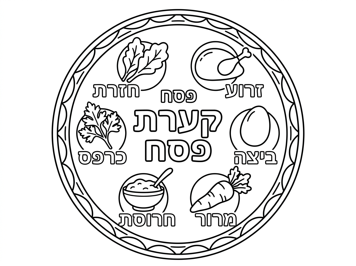 קערת פסח מסורתית במבט על, עם כל מרכיבי הקערה מסומנים בעברית: זרוע, ביצה, מרור, חרוסת, כרפס, חזרת, ולצד הקערה 3 מצות. כותרת בעברית בראש: "קערת פסח".