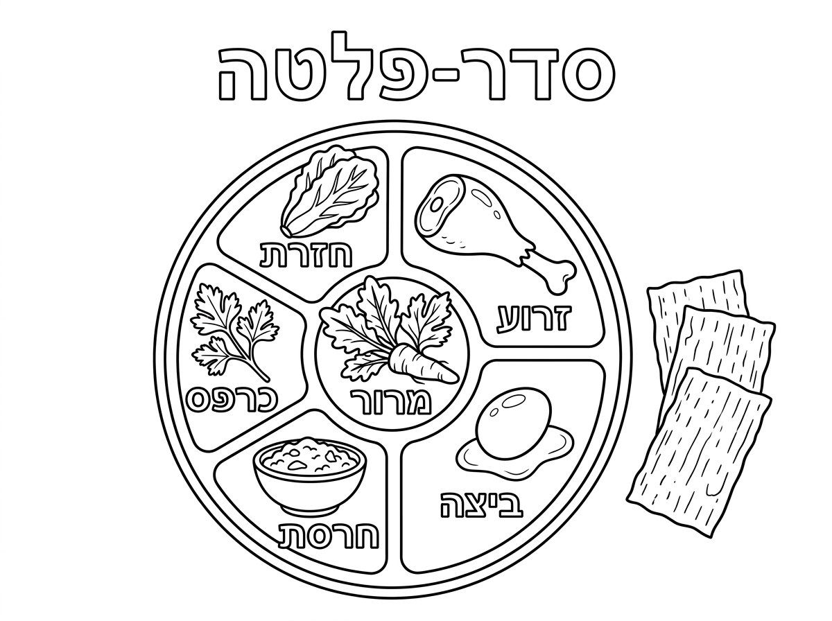 קערת פסח מסורתית במבט על, עם כל מרכיבי הקערה מסומנים בעברית: זרוע, ביצה, מרור, חרוסת, כרפס, חזרת, ולצד הקערה 3 מצות. כותרת בעברית בראש: "קערת פסח".