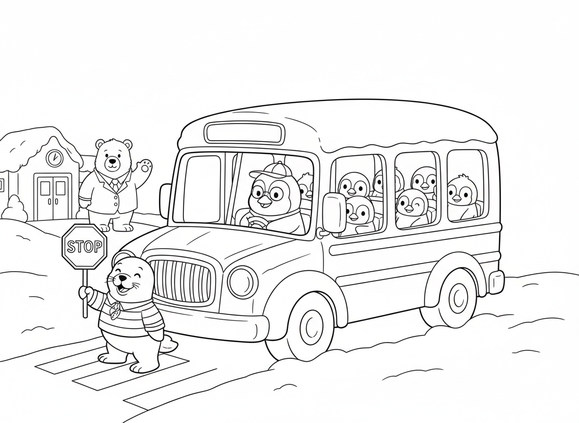 אוטובוס בית ספר של פינגווינים - קרחון בצורת אוטובוס, פינגווין נהג עם משקפיים זעירות, פינגווינים תינוקות יושבים על מושבי קרח, כלב ים כשוטר תנועה, ודוב קוטב מנהל מנופף לשלום