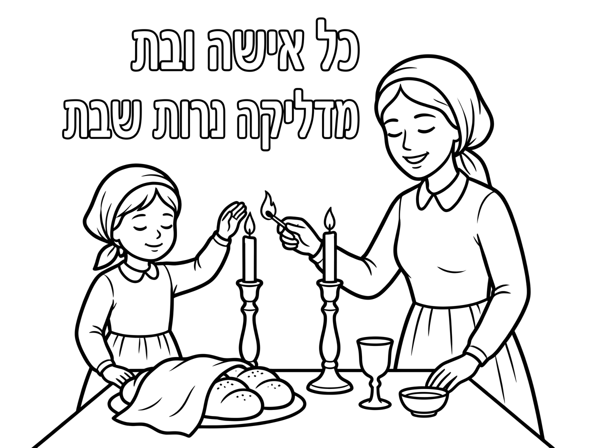 אשמח לדף צביעה של ילדה ואמא צנועות מדליקות יחד נרות שבת מעל יהיה כתוב כל אישה ובת מדליקה נרות שבת