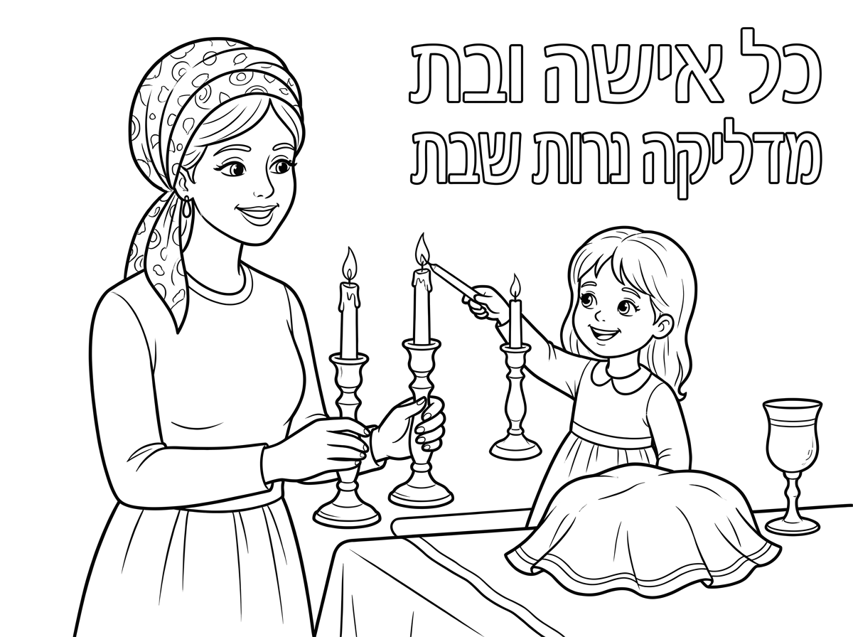 אשמח לציור אשמח לדף צביעה של ילדה ואמא צנועה  מדליקות יחד נרות שבת מעל יהיה כתוב כל אישה ובת מדליקה נרות שבת  רק האמא עם מטפחת ויש לה 2 פמוטים ולידה לילדה יש פמוט אחד