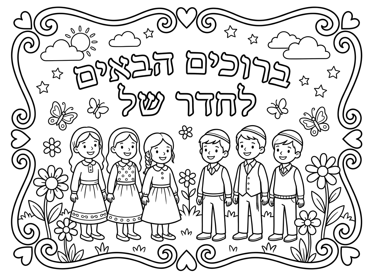 תכיני לי בבקשה דף צביעה שהוא בעצם יהיה כמו שלט לדלת שכתוב ברוכים הבאים לחדר של אפשר שיהיה ברקע ילדים דתיים, עם בנות עם שמלות וילדים כיפות. שיהיה משהו נעים לעין ויפה ושיהיה יפה.