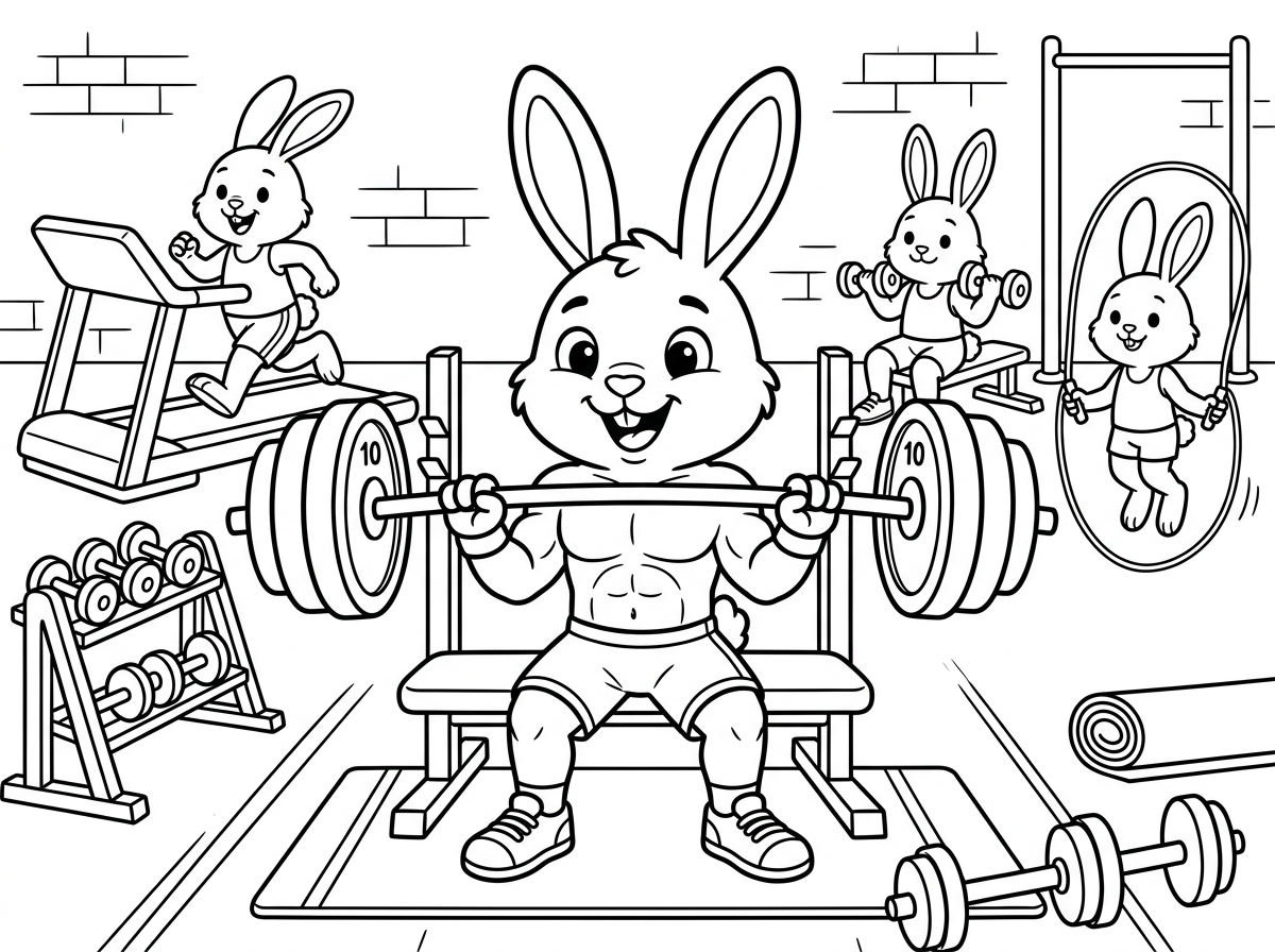 ארנב מרים משקולות בחדר כושר מאובזר עם עוד ארנבים שעושים כושר