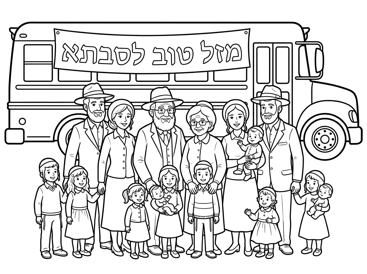 צור לי תמונה של משפחה מורחבת חבדית, סבא וסבתא, 8 ילדים נשואים, 4 רווקים, והמון נכדים בגילאי 0 עד 16. עומדים כולם ליד אוטובוס וכתוב מזל טוב לסבתא. כולם שמחים