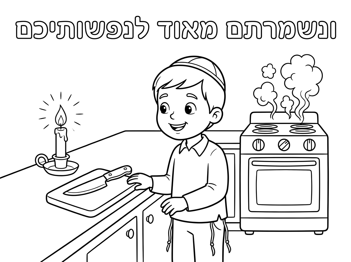 לכין דף עם כיתוב ונשמרתם מאוד לנפשותכם
לצייר ילד עם כיפה וציצית...בבית.במטבח...עומד  ליד נר דלוק
סכין..תנור עם אדים