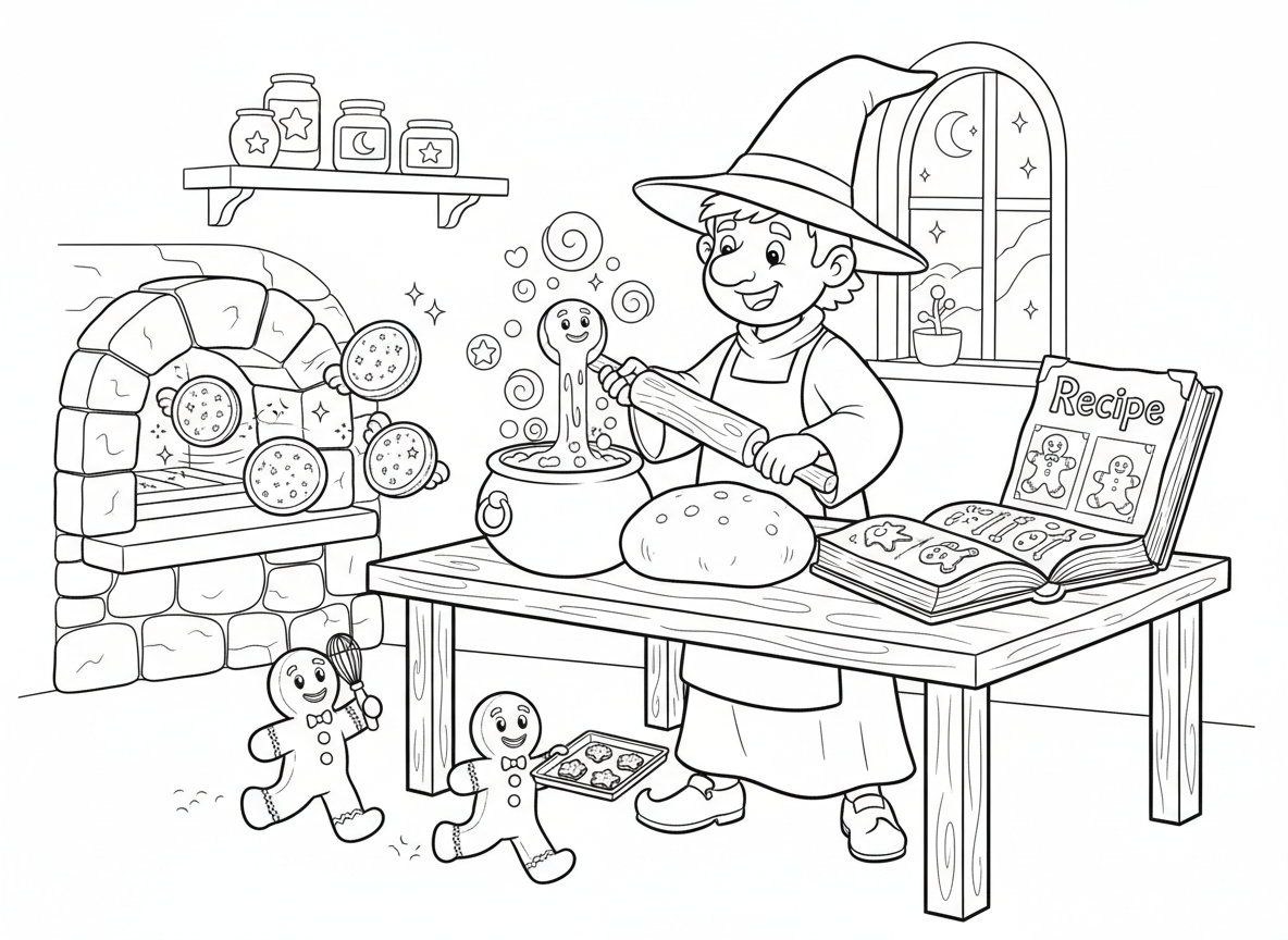 מאפייה של קוסמים - קוסם אופה עוגיות שעפות מהתנור, ציפוי קסום שמחליף צבעים, מטאטא כמערוך, דוד קסמים כקערת ערבוב, ספר כישופים כספר מתכונים, ואנשי ג׳ינג׳ר רצים מסביב