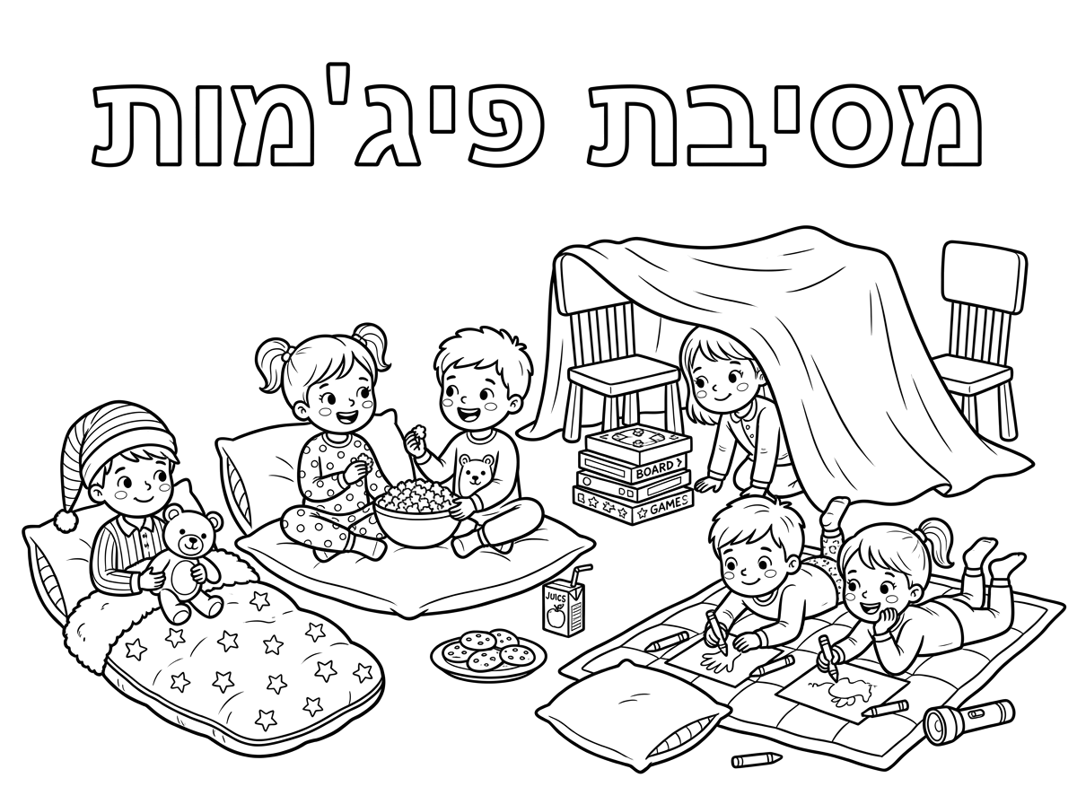 צור דף לצביעה לגן ילדים.למעלה כותרת באותיות חלולות: " מסיבת פיג'מות"