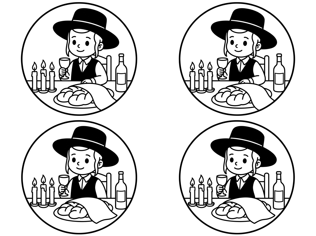 תיצור לי סמל עגול שבו יהיה ילד שנראה אבא של שבת עם כובע  שעושה קידוש עם גביע ללא רגל והילד החסידי בלי זקן יושב בשולחן שבת ועל השולחן 3נרות חלות ויין
את כל זה 4 העתקים בדף
