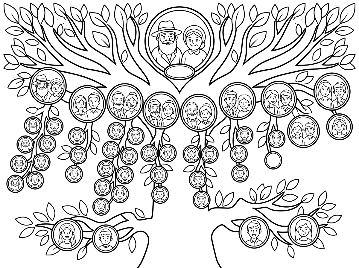  צור לי עץ משפחה חמוד מתאים להדפסה בשחור לבן שכולל: סבא וסבתא, בת נשואה ומקום ל10 ילדים, בן נשוי ומקום ל5 ילדים, בת נשואה ומקום ל9 ילדים, בן נשוי ומקום ל5 ילדים, בן נשוי ומקום ל5 ילדים, בת נשואה ומקום ל3 ילדים, בן נשוי ומקום לילד, בן נשוי, בת נשואה, בת רווקה, בן רווק, בת רווקה. כל הדמויות מאויירות איור מינימלי אך מתאים לציבור חרדי חבד צנוע. בלי לבבות. לרווקות בלי כיסוי ראש.