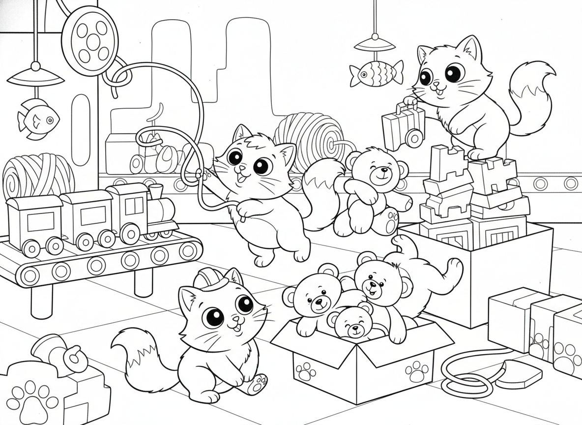 מפעל צעצועים של חתולים
חתולים מרכיבים רכבות, אורזים דובונים, ורודפים אחרי חוטים במקום לעבוד.