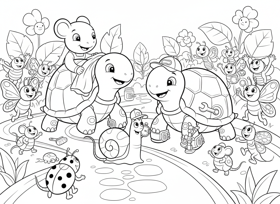 פיט סטופ של מירוץ צבים - צבים מקבלים פוליש ווקס לשריון, עכברי מכונאים זעירים מחליפים נעלי צב, חילזון ראש צוות עם שעון עצר, קהל חרקים מעודד, ומסלול מירוצים ממשעול גינה