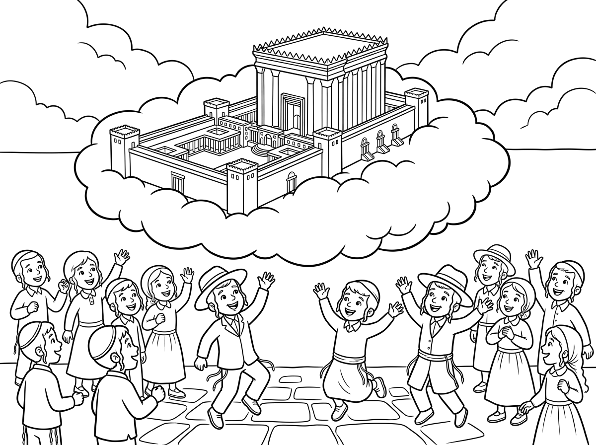 צור לי בבקשה ציור של בית המקדש יורד מהשמיים על ענן. למטה מחכים לו הרבה ילדים שמחים ומרוגשים. הילדים צריכים להיות חרדים.