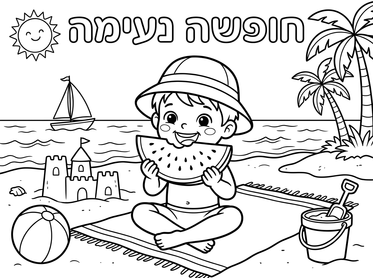אני רוצה ציור של ילד בים ואוכל אבטיח וכתוב חופשה נעימה
