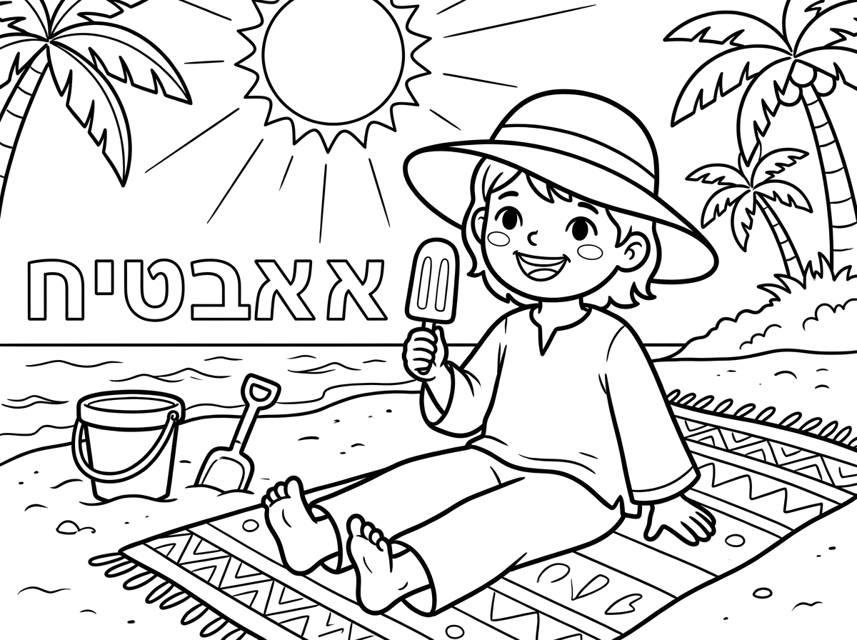 אשמח לתמונה של ילד צנוע עם כובע שמש בחוף הים אוכל ארטיק ויש שמש מעירה בשמים וכתוב א אבטיח