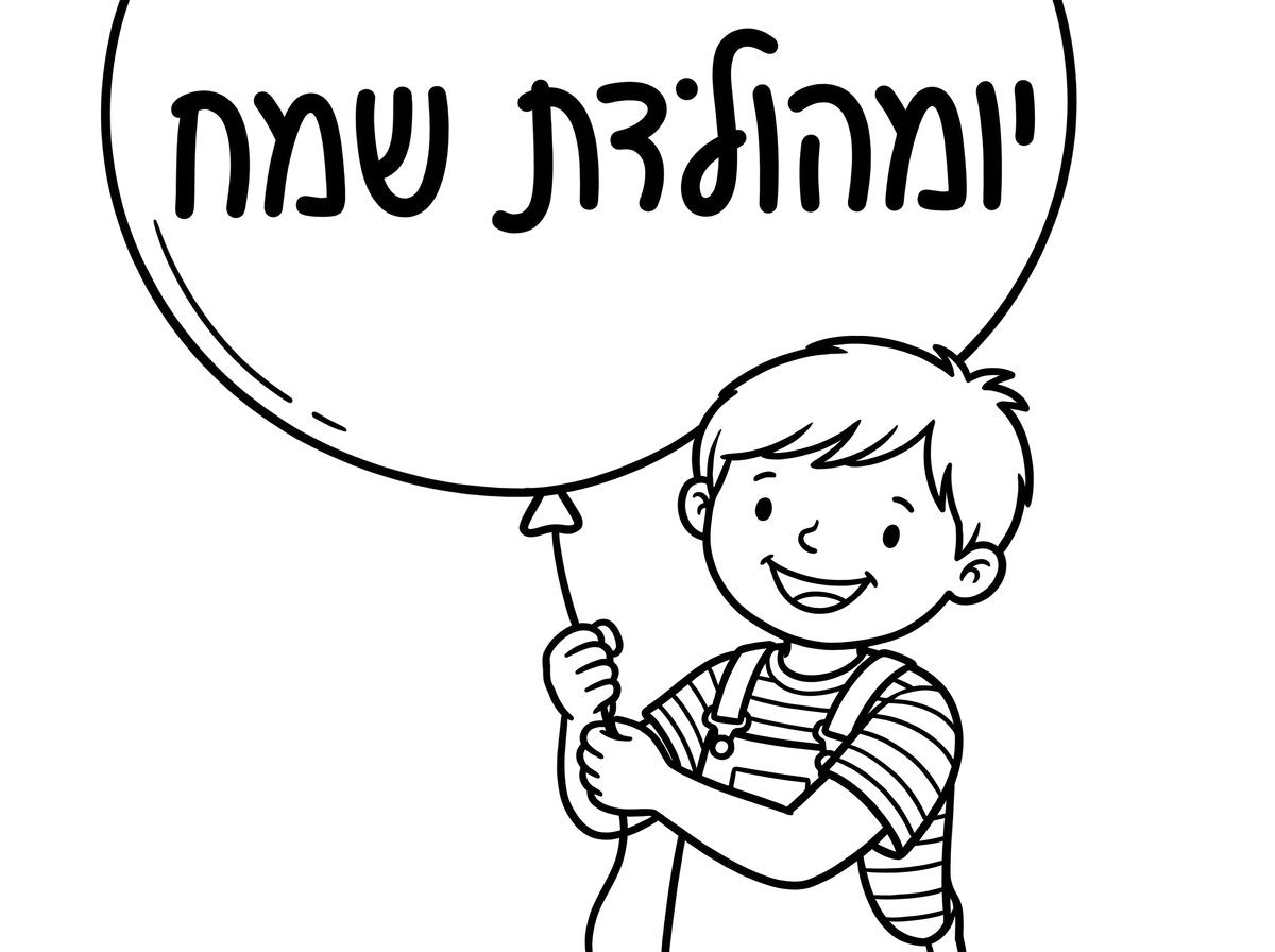 ציור של ילד עם בלון שכתוב עליו יומהולדת שמח